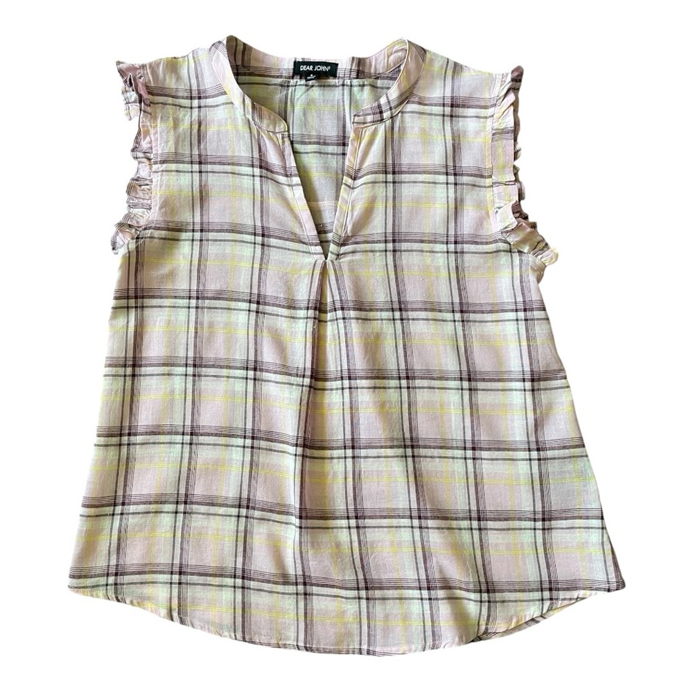 #141, Dear JohnRuffle Plaid Sleeveless Blouse, size S